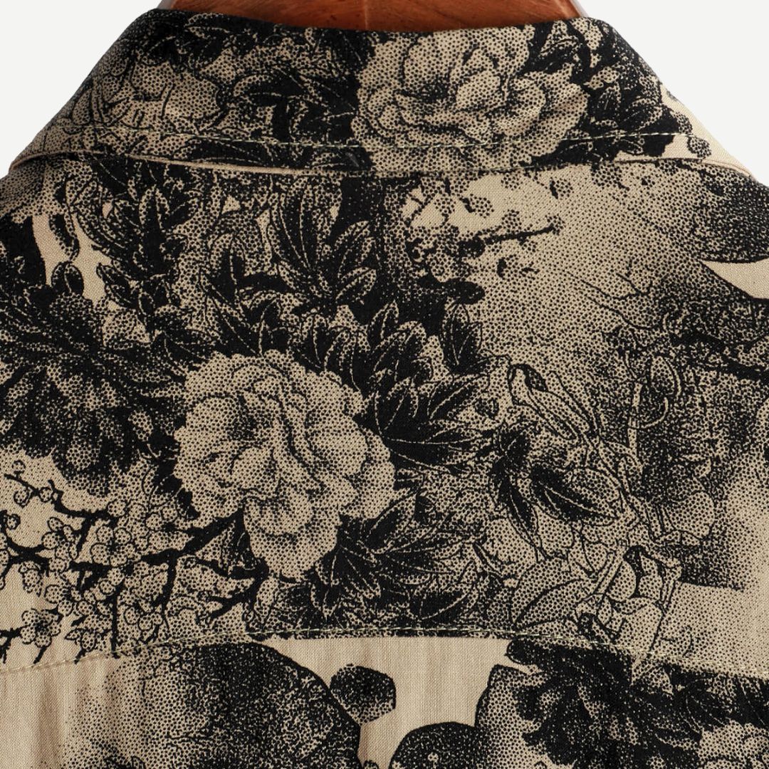 Men's Floral Shirt - Beige Botanical Print Short Sleeve