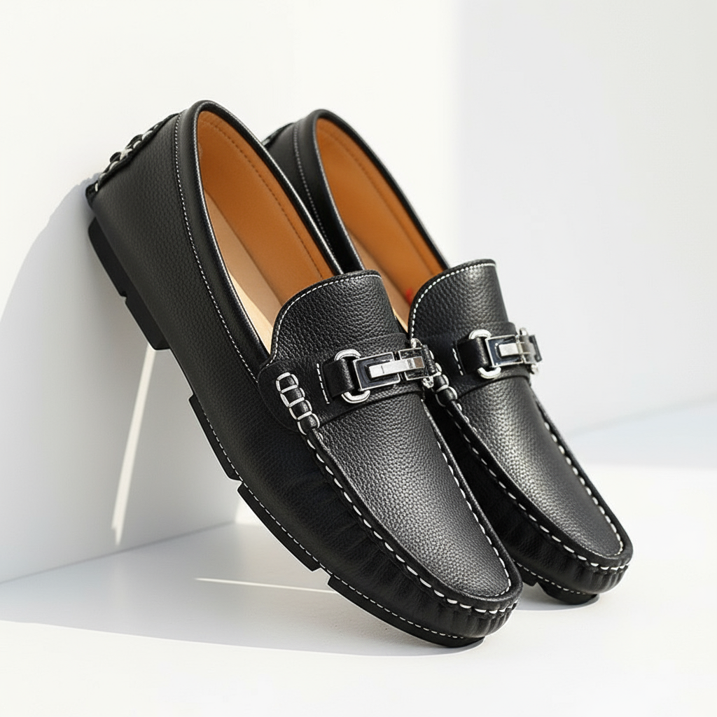 Men's Genuine Leather Loafers - Metal Clasp Slip Ons