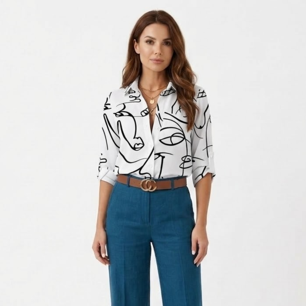Women's Long Sleeve Graphic Print Blouse | Turn-Down Collar Shirt