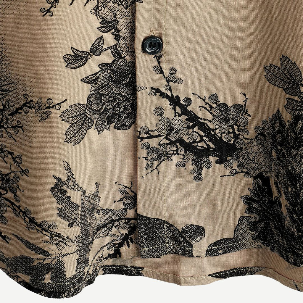 Men's Floral Shirt - Beige Botanical Print Short Sleeve