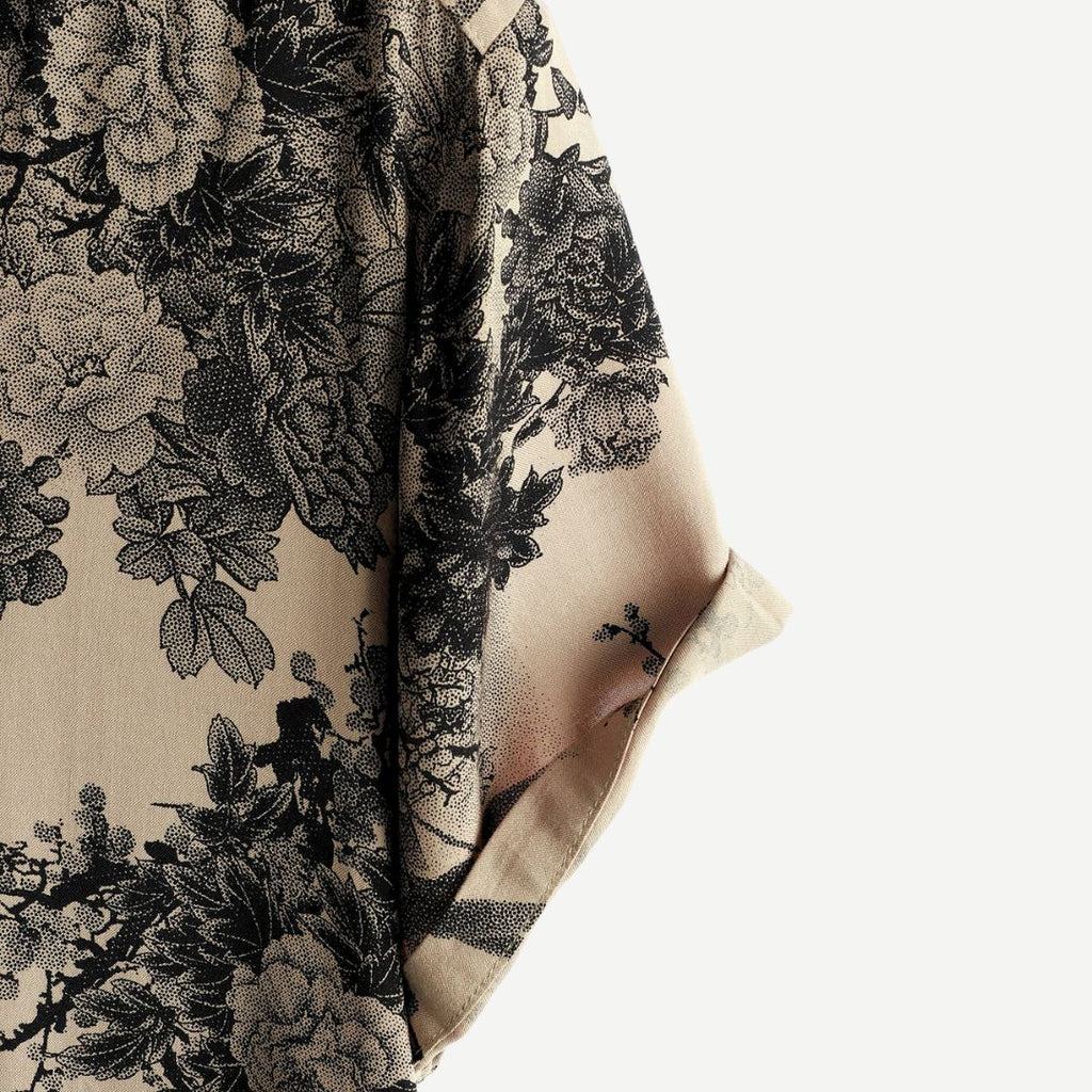 Men's Floral Shirt - Beige Botanical Print Short Sleeve