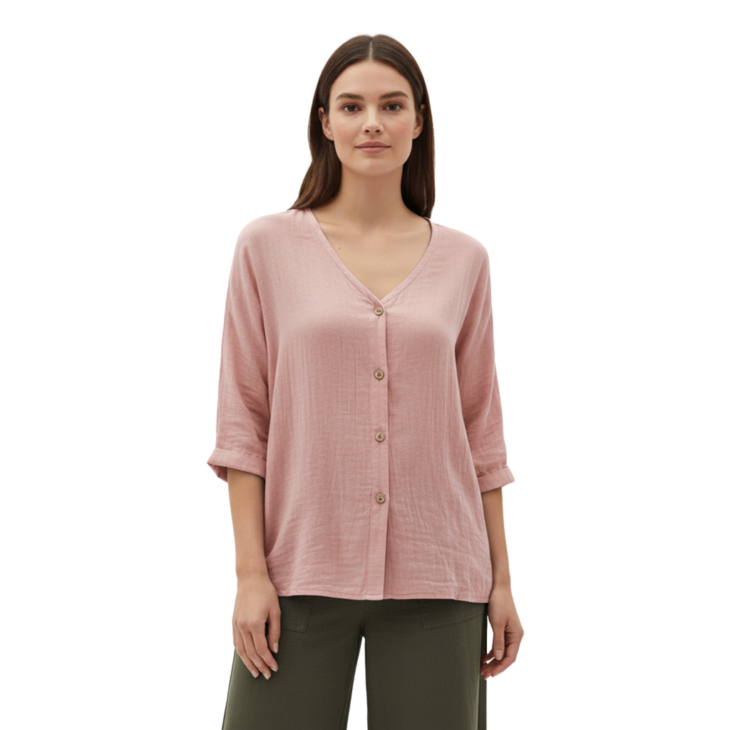 Women's V-Neck Button Blouse | Linen Cotton 3/4 Sleeve Top
