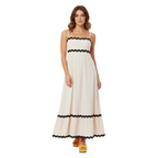 Women's Cotton Linen A-Line Sundress Ric-Rac Trim Strapless One Shoulder Maxi Dress