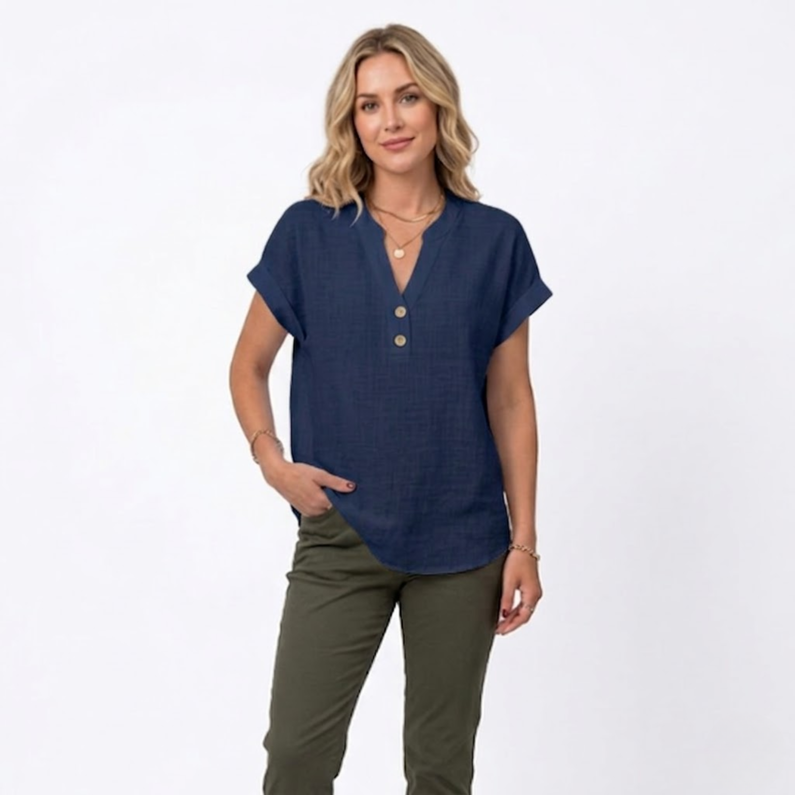 Women's V-Neck Cotton Linen Blouse | Short Sleeve Summer Top