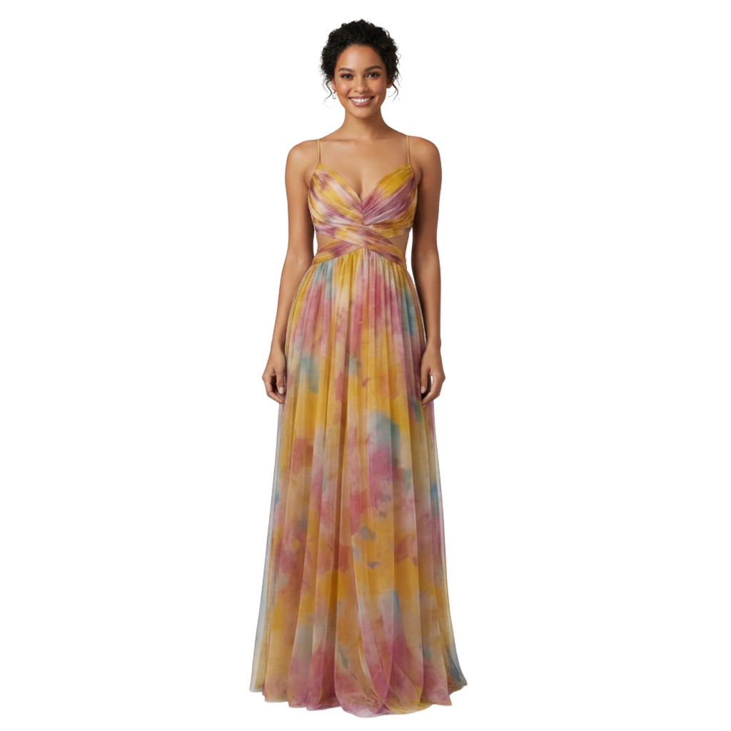 Women's V-Neck Twist Maxi Dress - Sleeveless Watercolor Print Evening Gown