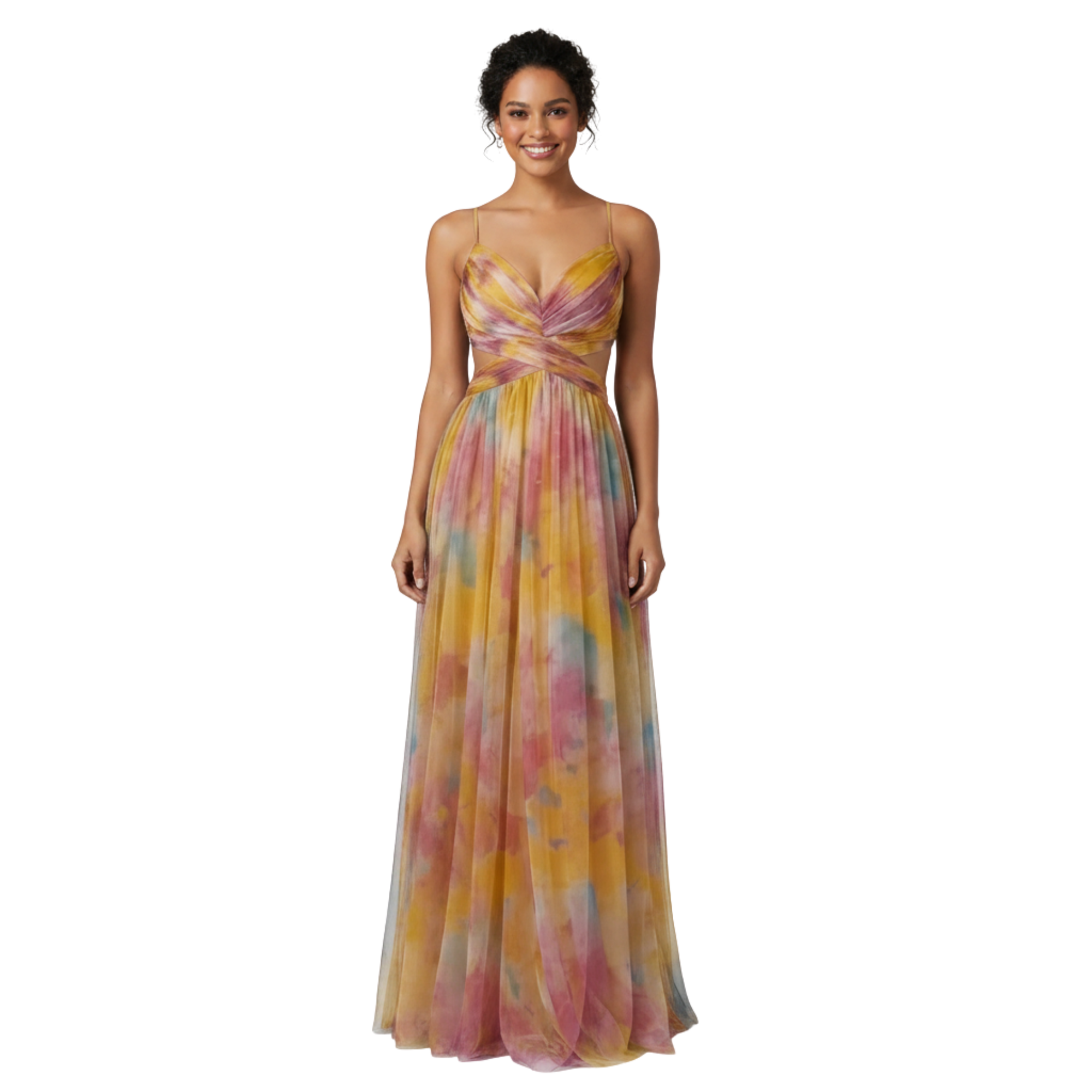 Women's V-Neck Twist Maxi Dress - Sleeveless Watercolor Print Evening Gown