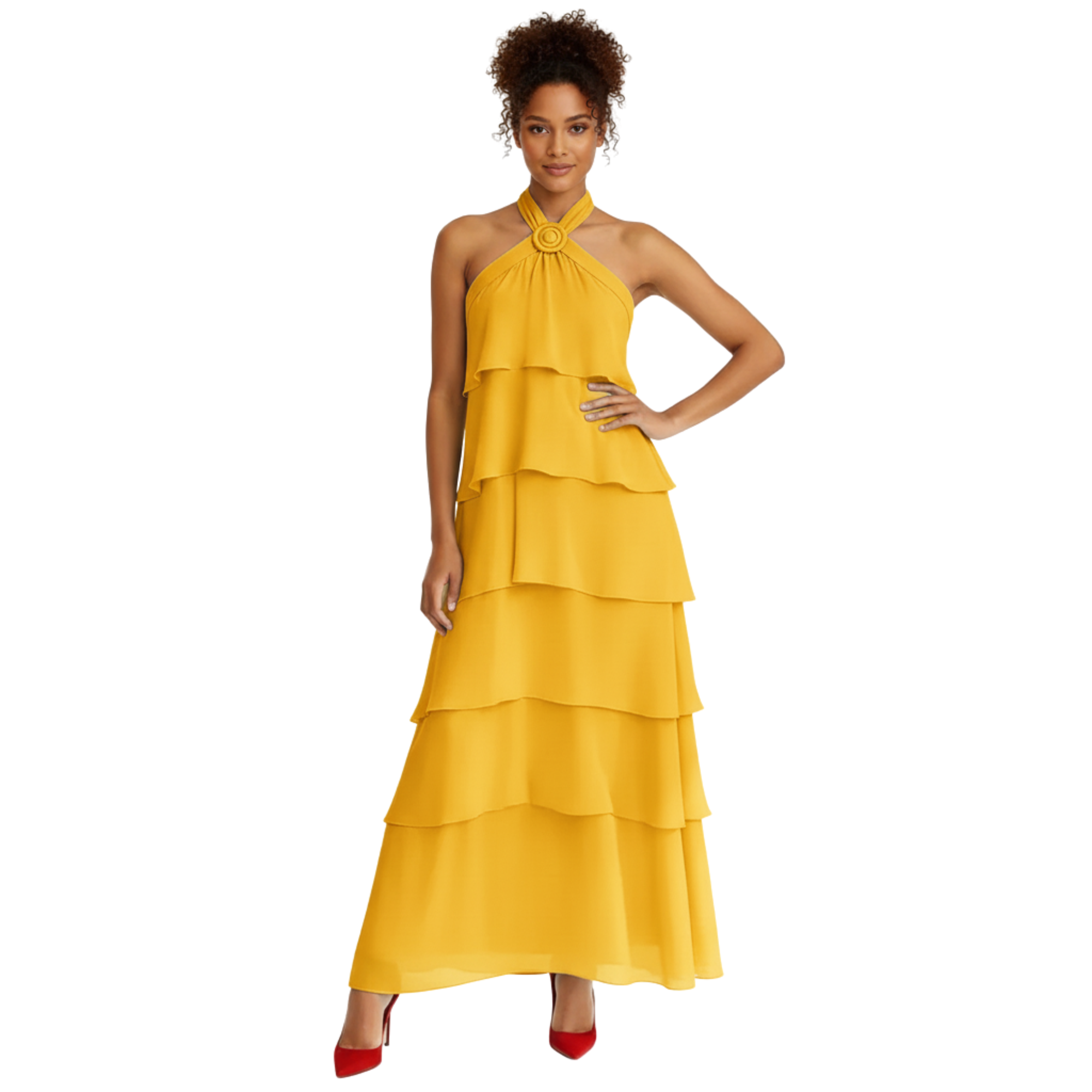 Women's Tiered Halter Maxi Dress Chiffon Ruffle Layered Sleeveless Backless Evening Gown