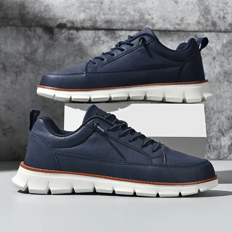 Men's Navy Leather Sneakers - Lace Up Fashion Shoes