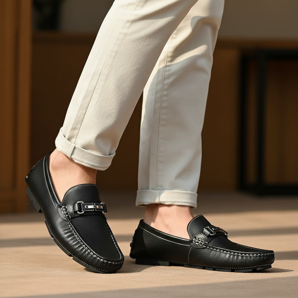 Men's Genuine Leather Loafers - Metal Clasp Slip Ons