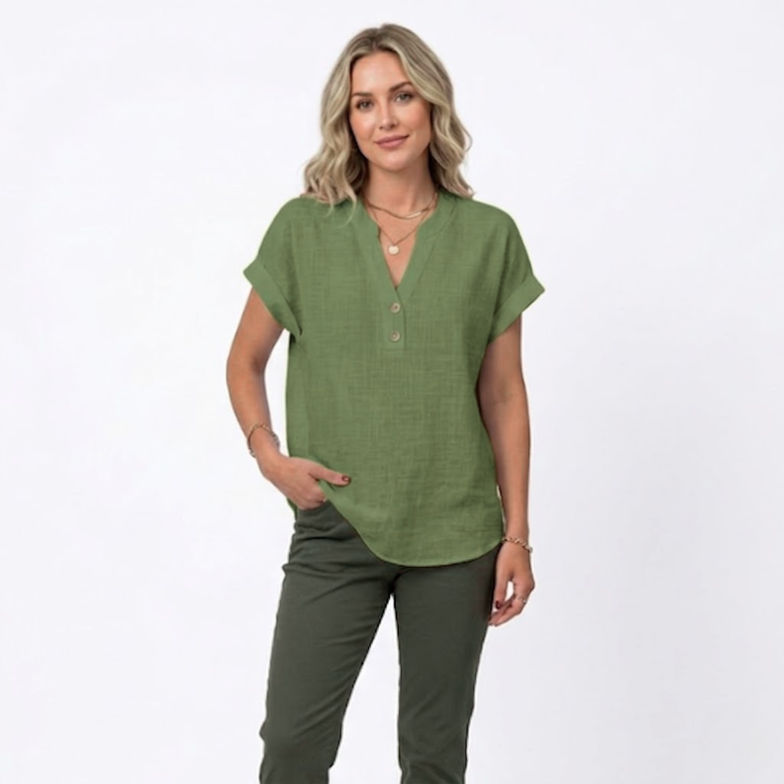 Women's V-Neck Cotton Linen Blouse | Short Sleeve Summer Top