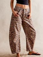 Women's Leopard Print Wide Leg Jeans - High Rise Denim