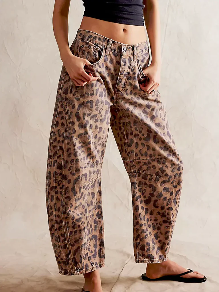 Women's Leopard Print Wide Leg Jeans - High Rise Denim