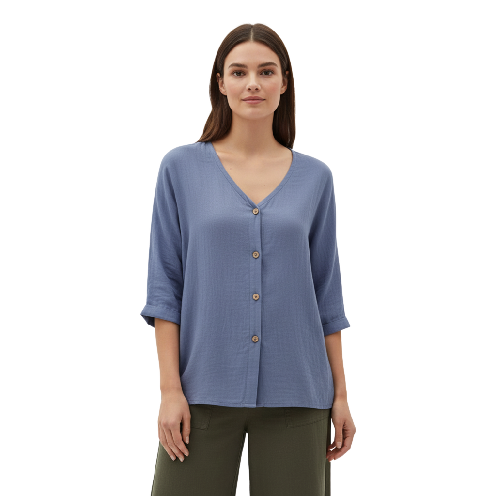 Women's V-Neck Button Blouse | Linen Cotton 3/4 Sleeve Top