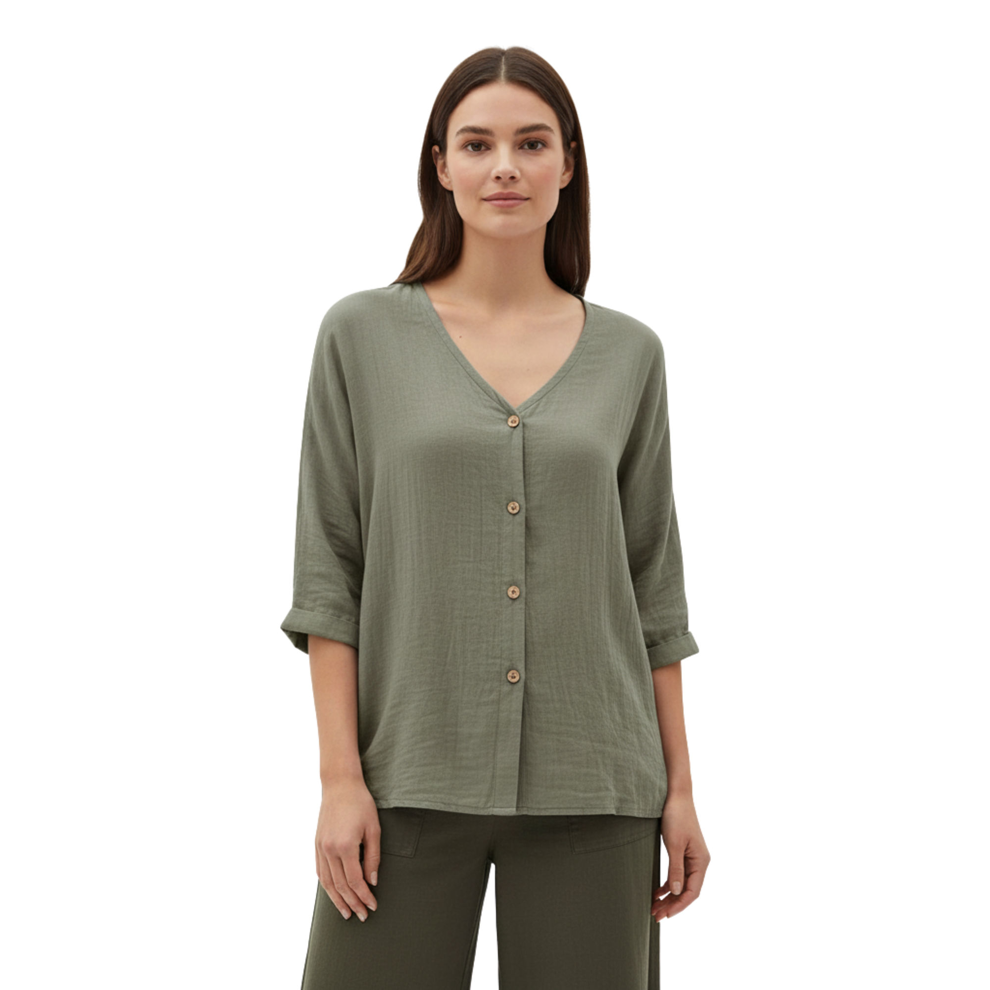 Women's V-Neck Button Blouse | Linen Cotton 3/4 Sleeve Top