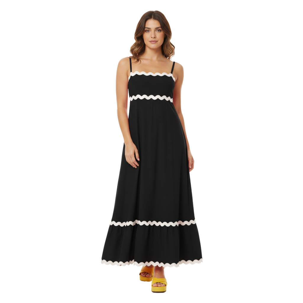 Women's Cotton Linen A-Line Sundress Ric-Rac Trim Strapless One Shoulder Maxi Dress