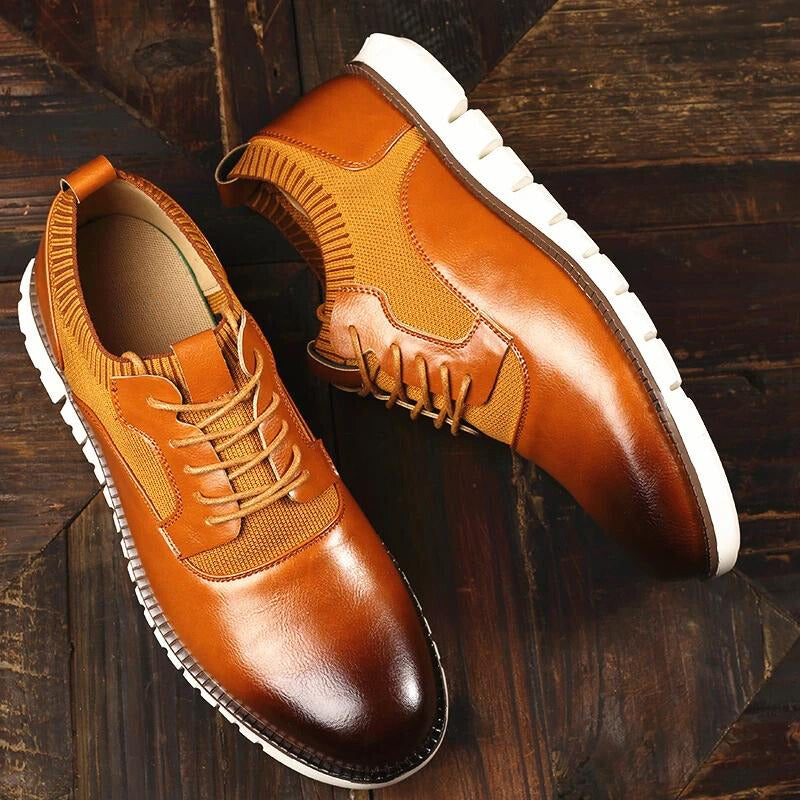 Men's Leather Casual Shoes - Lace Up Handstitched Trainers