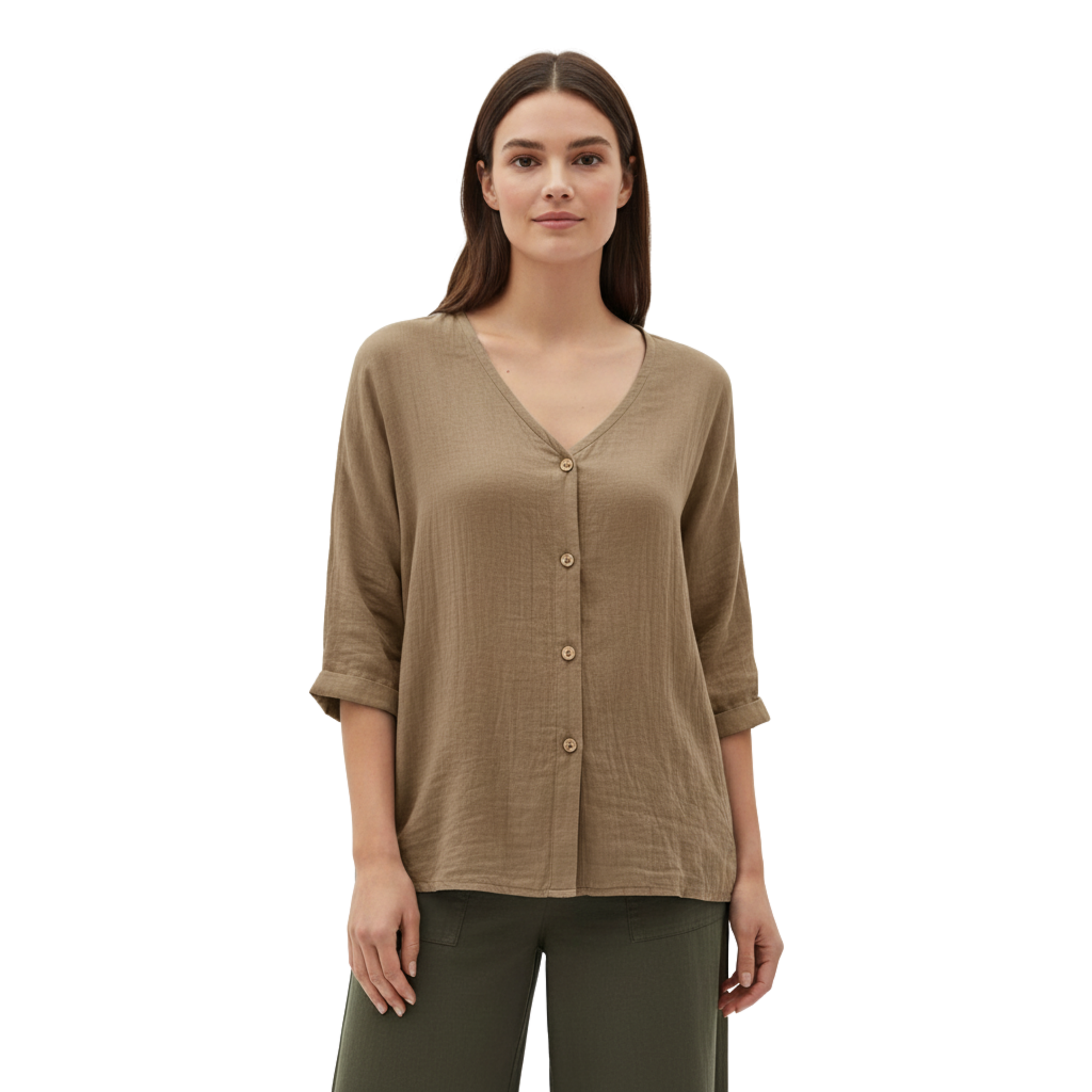 Women's V-Neck Button Blouse | Linen Cotton 3/4 Sleeve Top