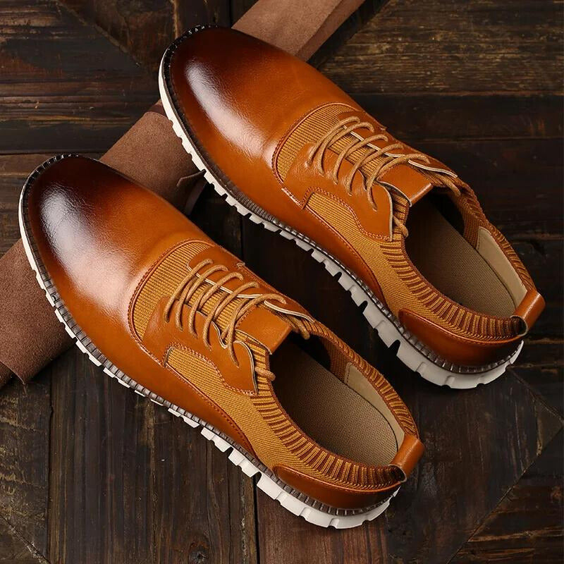 Men's Leather Casual Shoes - Lace Up Handstitched Trainers