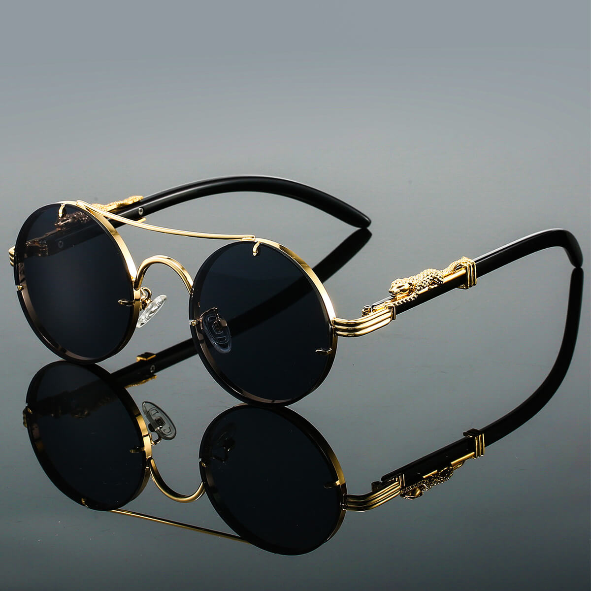 Men's Vintage Sunglasses - Round Gold Frame with Wood Temples