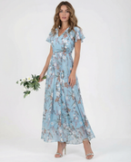 Women's Floral Maxi Dress Elegant Ruffle Sleeves for Summer Events