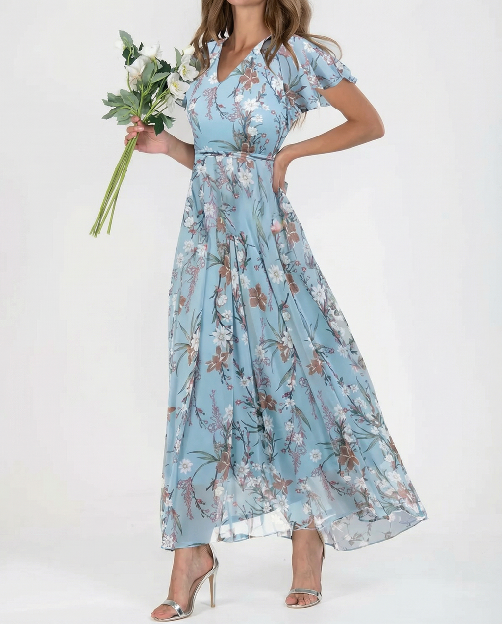 Women's Floral Maxi Dress Elegant Ruffle Sleeves for Summer Events