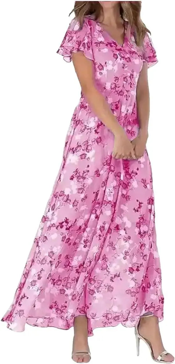 Women's Floral Maxi Dress Elegant Ruffle Sleeves for Summer Events
