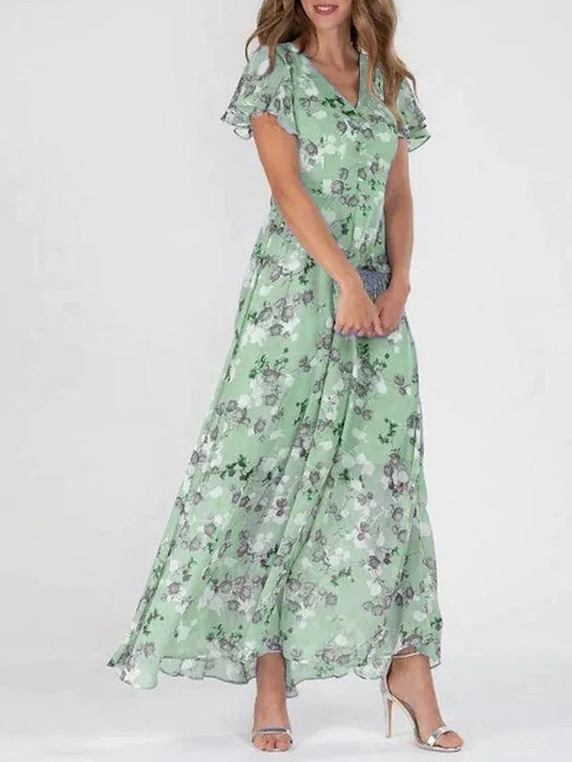 Women's Floral Maxi Dress Elegant Ruffle Sleeves for Summer Events