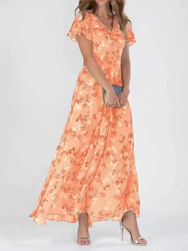 Women's Floral Maxi Dress Elegant Ruffle Sleeves for Summer Events