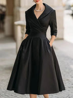 Women's Navy Satin Wrap Dress - Elegant V-Neck Midi