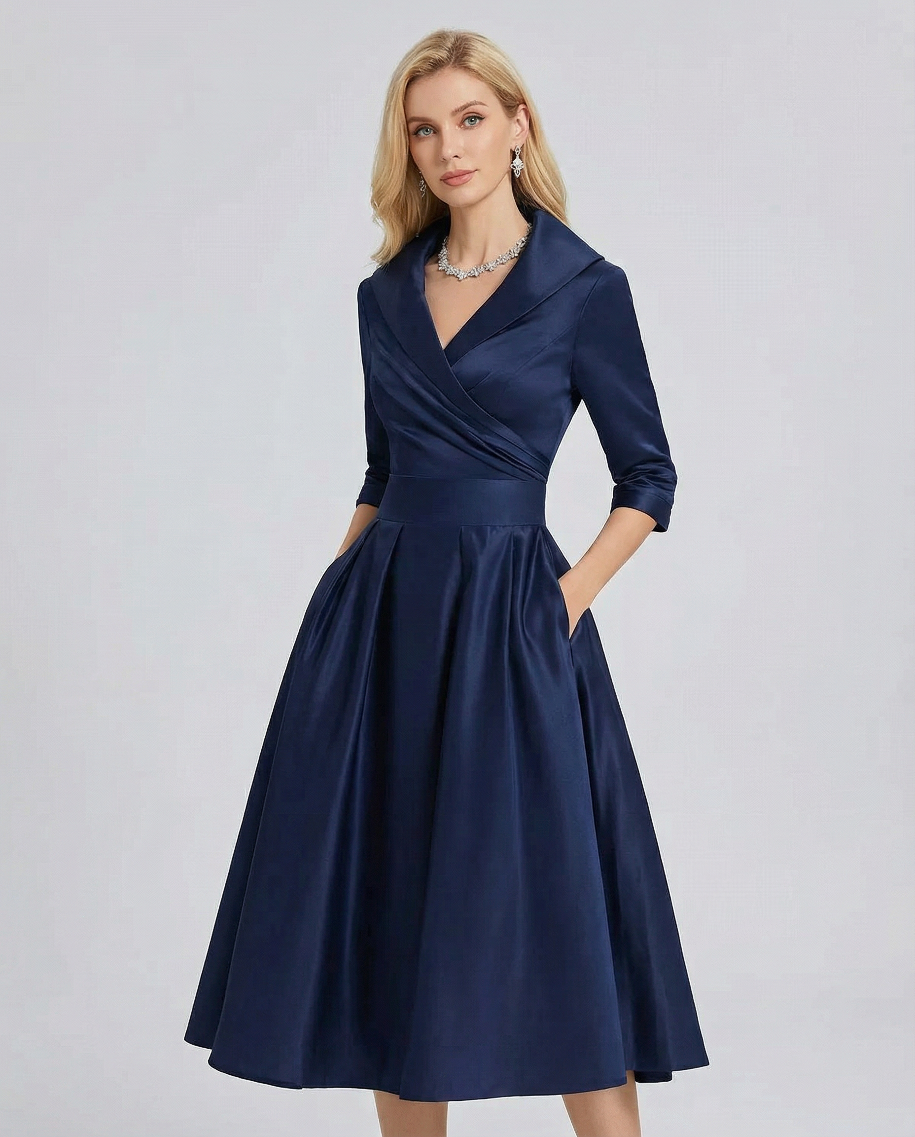 Women's Navy Satin Wrap Dress - Elegant V-Neck Midi