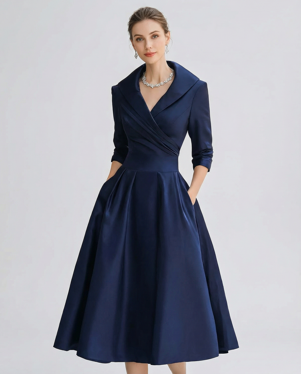 Women's Navy Satin Wrap Dress - Elegant V-Neck Midi
