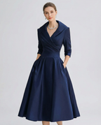 Women's Navy Satin Wrap Dress - Elegant V-Neck Midi
