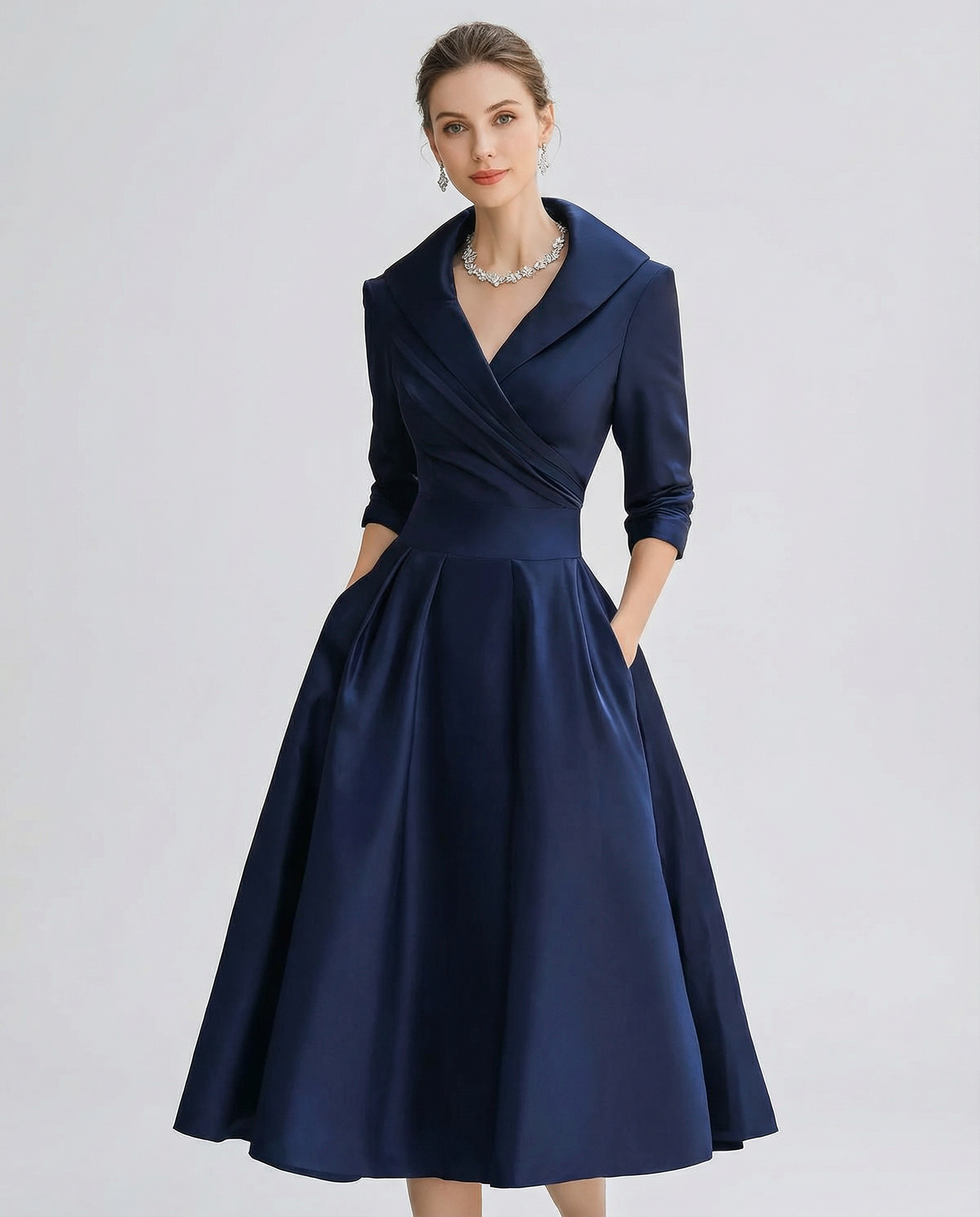 Women's Navy Satin Wrap Dress - Elegant V-Neck Midi