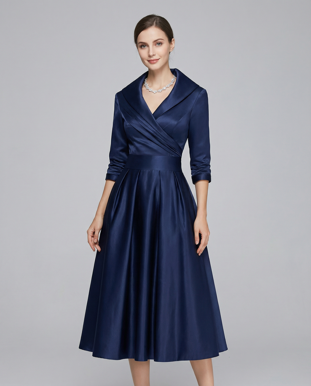 Women's Navy Satin Wrap Dress - Elegant V-Neck Midi