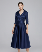 Women's Navy Satin Wrap Dress - Elegant V-Neck Midi