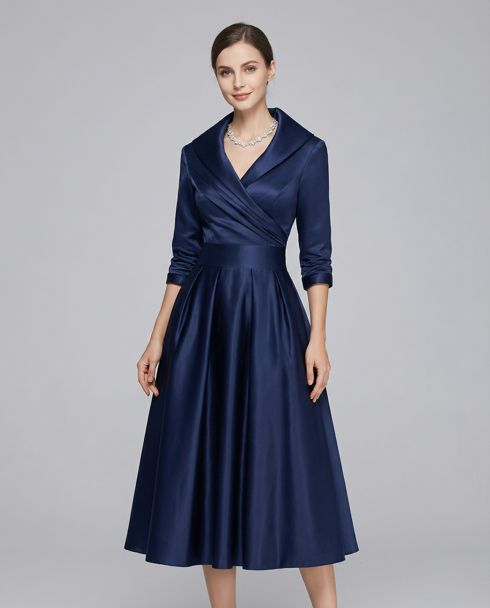 Women's Navy Satin Wrap Dress - Elegant V-Neck Midi