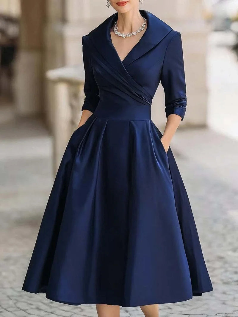 Women's Navy Satin Wrap Dress - Elegant V-Neck Midi
