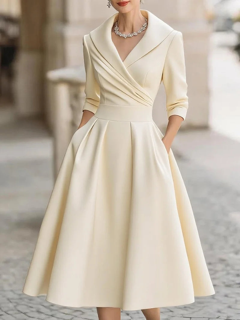 Women's Navy Satin Wrap Dress - Elegant V-Neck Midi