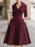 Women's Navy Satin Wrap Dress - Elegant V-Neck Midi