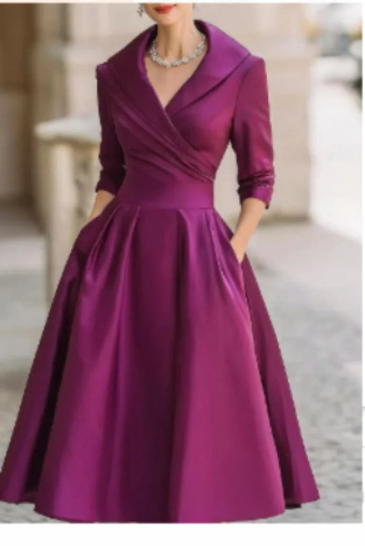 Women's Navy Satin Wrap Dress - Elegant V-Neck Midi