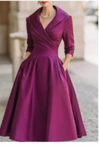 Women's Navy Satin Wrap Dress - Elegant V-Neck Midi