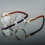 Men's Vintage Sunglasses - Round Gold Frame with Wood Temples
