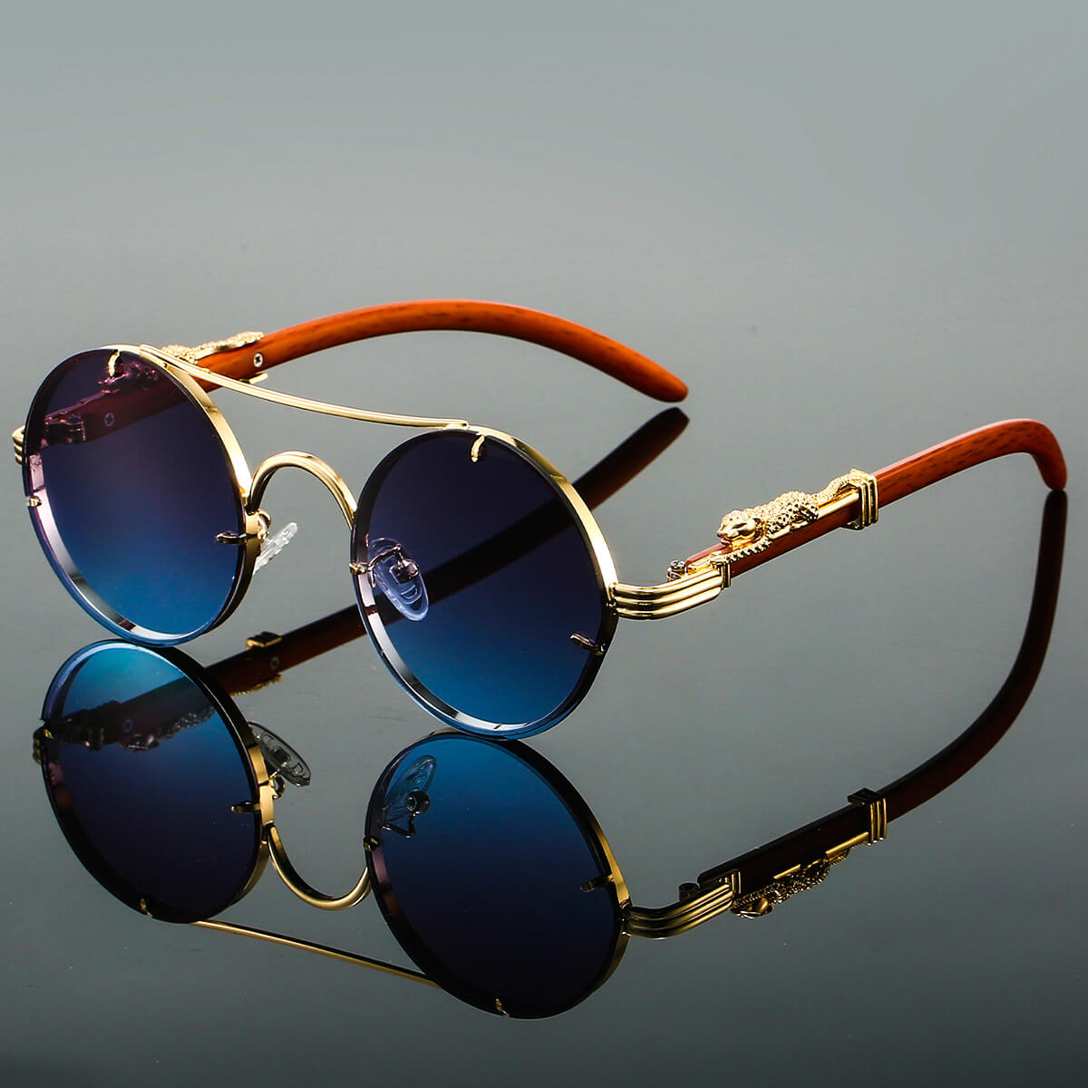 Men's Vintage Sunglasses - Round Gold Frame with Wood Temples