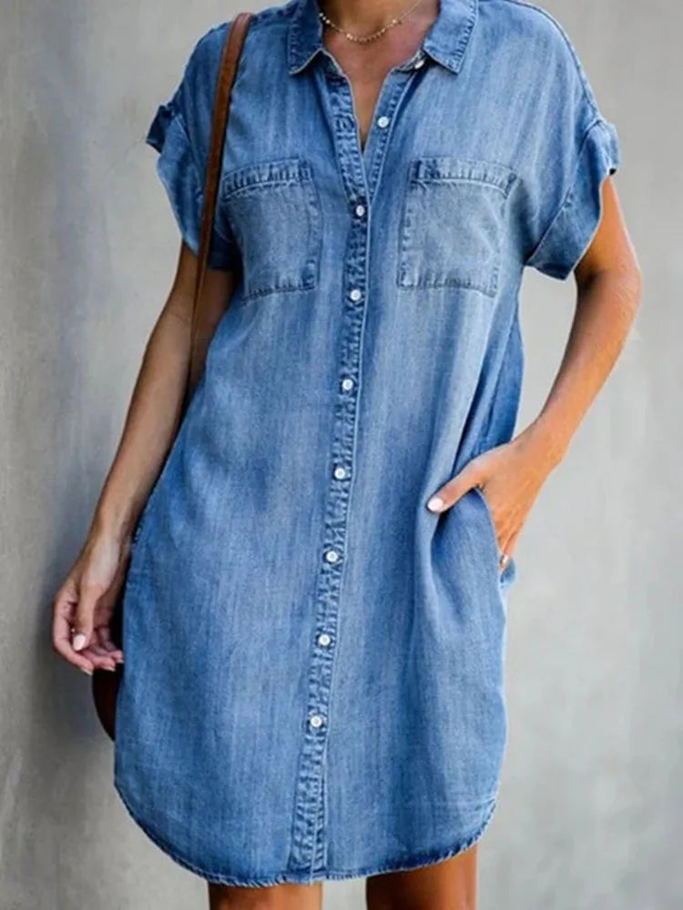 Women's Denim Shirt Dress | Relaxed Fit with Functional Pockets