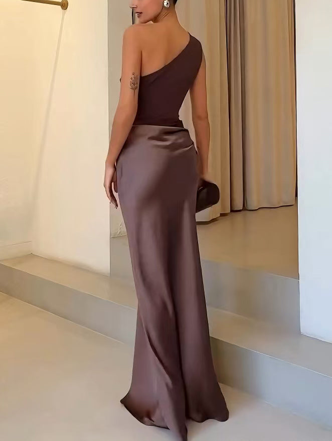 Women's One Shoulder Dress - Pleated Party Gown