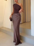 Women's One Shoulder Dress - Pleated Party Gown