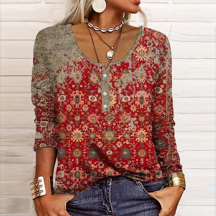 Women's Boho Print Long Sleeve Henley Top | V-Neck Blouse