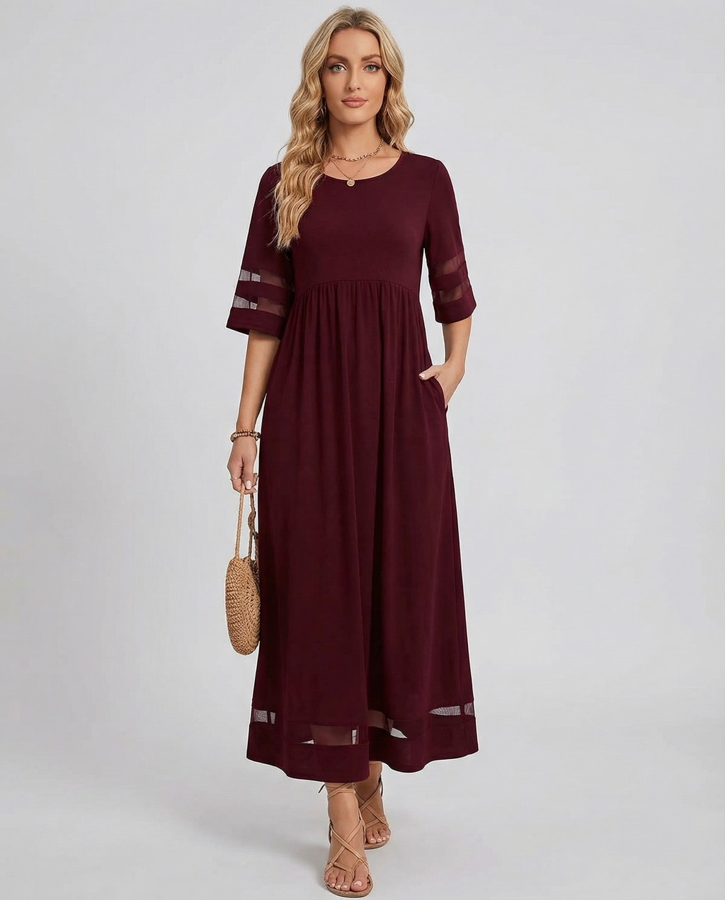 Women's Burgundy Maxi Dress - Mesh Panel Evening Gown