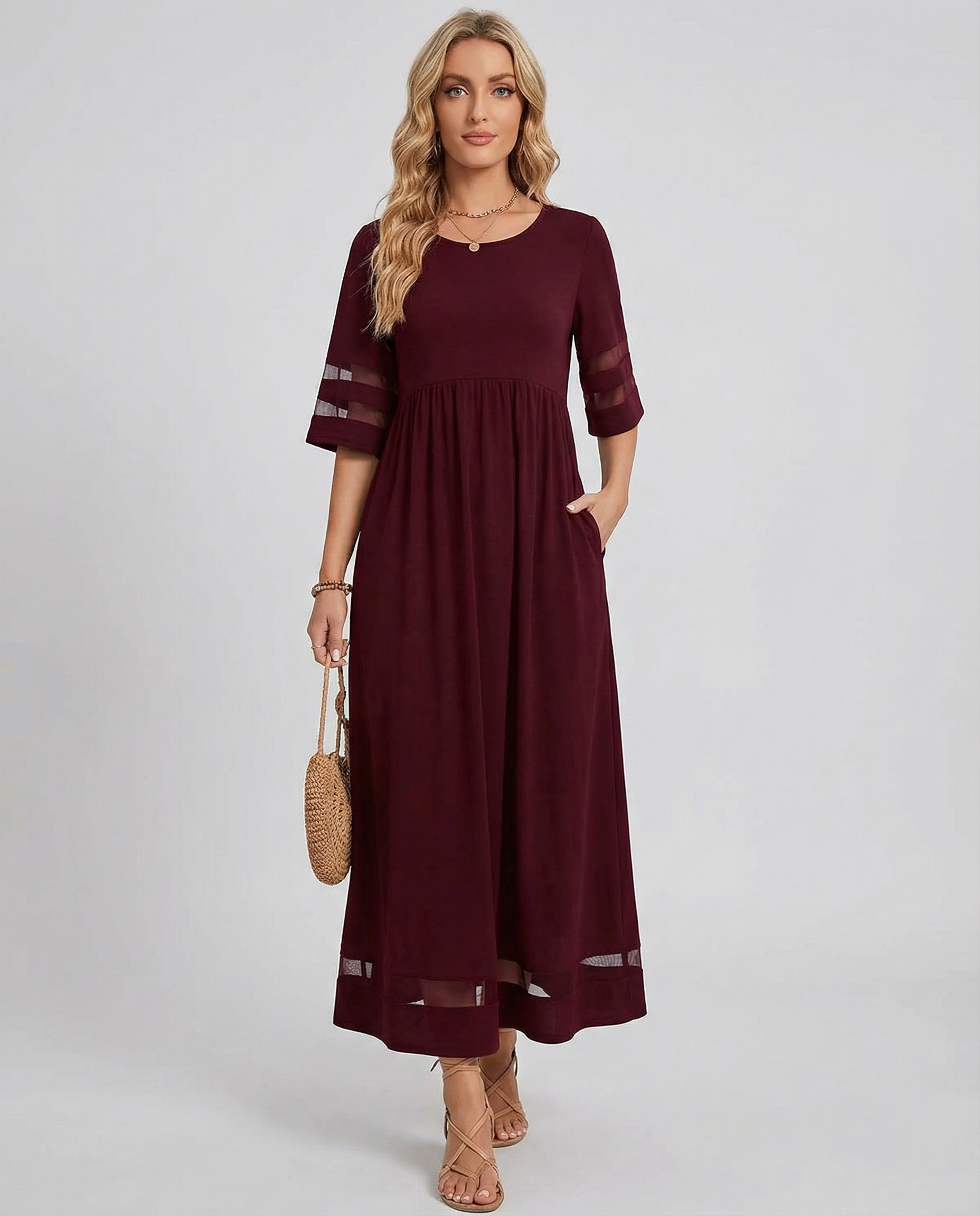 Women's Burgundy Maxi Dress - Mesh Panel Evening Gown