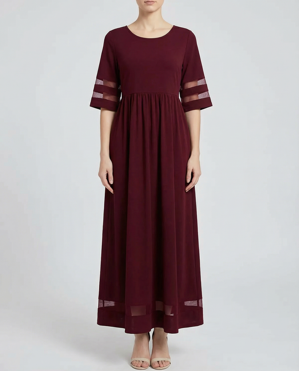 Women's Burgundy Maxi Dress - Mesh Panel Evening Gown
